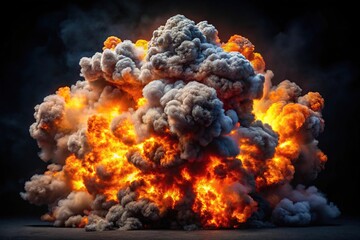 Fototapeta premium Explosive long shot with dark smoke and fire on black background