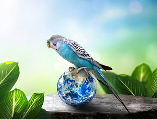 Budgerigar and planet earth on green nature background.