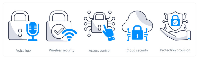 Obraz premium A set of 5 security icons as voice lock, wireless security, access control