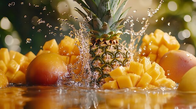 Fresh tropical fruits like pineapples and mangoes splashing in water with vibrant juice