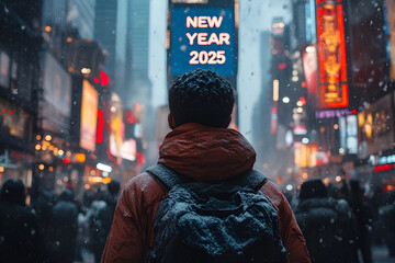 Obraz premium Boy in Times Square New Year 2025 Christmas It's Snowing
