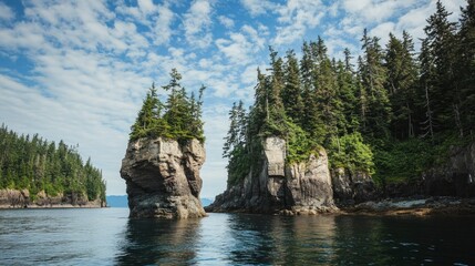 Two rocky islands with evergreen trees, covered in lush vegetation, stand tall in the blue water of a bay under a bright blue sky with white clouds.