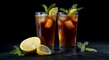 Fototapeta premium Two tall glasses of iced tea with lemon wedges and mint garnish on a dark background.