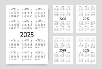 2025, 2026, 2027, 2028, 2029 years calendars. Calender templates. Week starts Sunday. Organizer with 12 month in English. Scheduler layout. Simple planner. Portrait orientation A4. Vector illustration