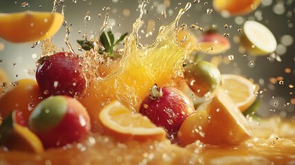 Mixed tropical and citrus fruits splashing together with vibrant juice in mid-air