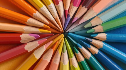 Fototapeta premium A surface completely packed with colored pencils arranged in a radial pattern, their sharpened tips forming a vibrant, creative display across the whole frame.