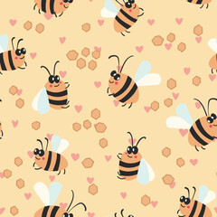 Seamless pattern with bees on color background. Small wasp. Vector illustration. Adorable cartoon character. Template design for invitation, cards, textile, fabric. Doodle style