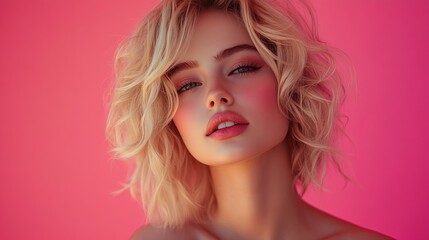 Obraz premium Beautiful emotional blonde woman with beauty makeup isolated color background