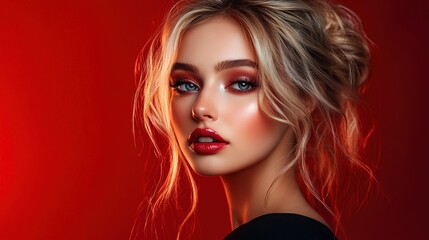 Fototapeta premium Beautiful emotional blonde woman with beauty makeup isolated color background