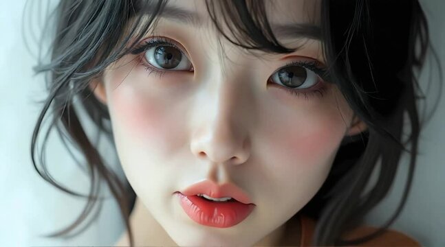 見つめる日本人の女の子と口の動き、リップシンク