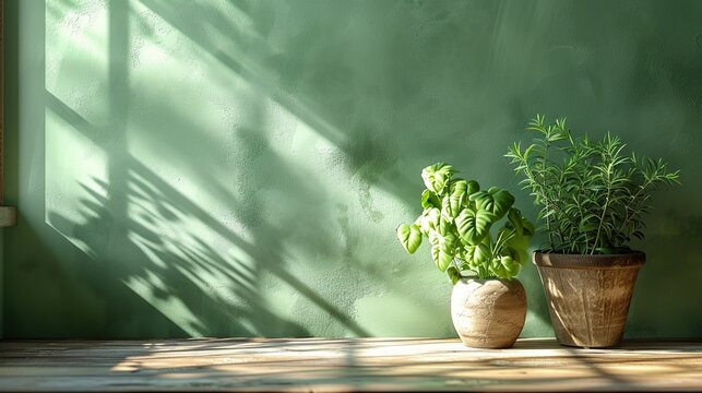 3d empty room with green walls and two green plants in pots. background for product presentation, muck-up and template.
