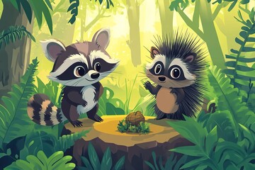 Obraz premium Raccoon and Porcupine Jungle Treasure Hunt Cartoon Illustration
