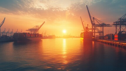 Obraz premium At sunrise, a bustling harbor where cargo ships are loaded with containers against a backdrop of the emerging sun, symbolizing the growth of global commerce