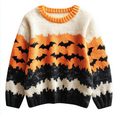Halloween knitted sweater. Halloween pumpkin knitted sweater. Halloween cozy sweater. Halloween bats skulls candies knitted sweater. Halloween knitted sweater isolated.