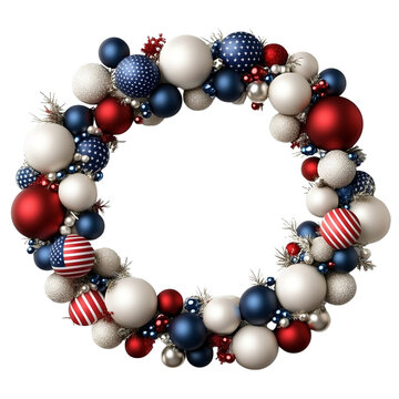 A wreath with red, white, and blue balls. The wreath is circular and has a patriotic theme