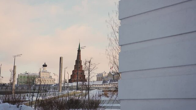 Kazan Kremlin proudly rises above rows of dense buildings in central area of city. Administrative building of city. Popular tourist attraction