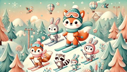 Fototapeta premium Joyful Animal Friends Skiing Down a Snowy Fantasy Slope in a Soft Storybook Scene