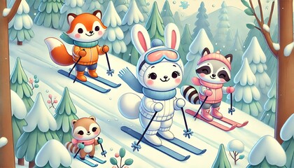 Obraz premium A Cheerful Storybook Scene of Cute Animal Friends Skiing Down a Snowy Slope in a Bright and Gentle Winter Wonderland