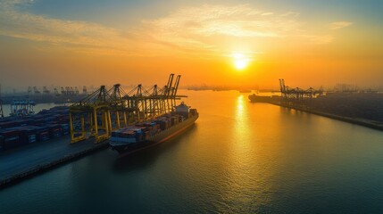 Fototapeta premium At the break of dawn, a bustling port comes to life with cargo ships and cranes orchestrating the loading of containers against the backdrop of a brilliant sunrise