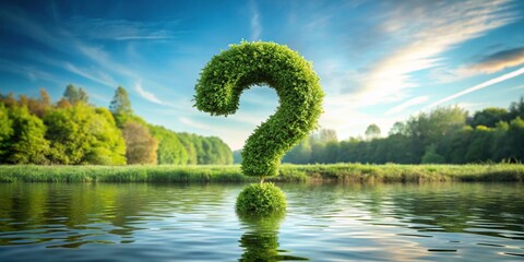Extreme close-up of a floating question mark on a nature background
