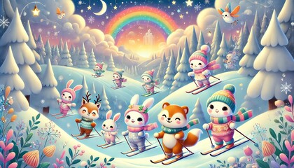 Fototapeta premium A gentle and whimsical storybook-style illustration of adorable animal characters skiing down a snowy slope in a fantasy-inspired winter landscape, with magical snow-covered trees and a vibrant sky