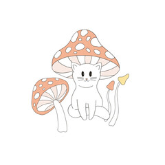 Cat mushroom vector clip-art isolated on white. Magical cat illustration