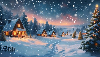 Fototapeta premium serene christmas landscape with snowflakes and glowing cottages