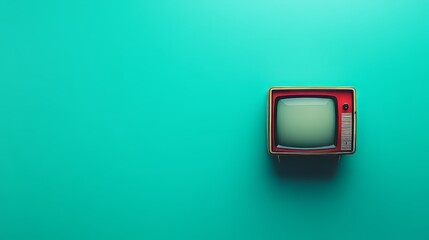 a old vintage tv on color background. retro technology. flat lay top view hero header. vintage color styles. copy space for text