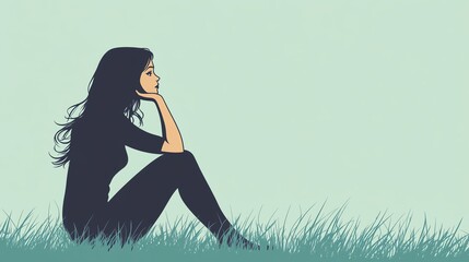 Thoughtful woman sitting in grass, serene expression, minimalist style, pastel background.