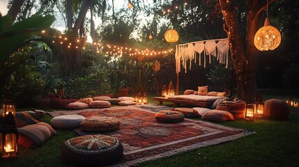 A bohemian-themed outdoor celebration featuring macram&eacute; backdrops, floor cushions, and layered rugs, set in a garden with lanterns hanging from trees, soft warm lighting, rustic wooden furniture,