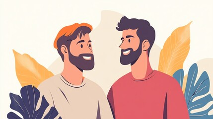Two happy men sharing a joyful moment, surrounded by greenery.