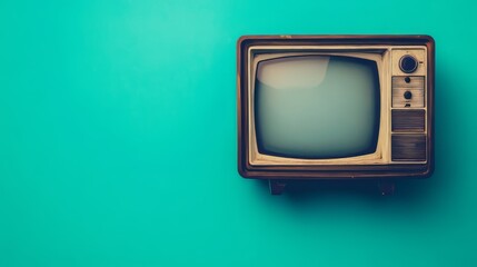a old vintage tv on color background. retro technology. flat lay top view hero header. vintage color styles. copy space for text
