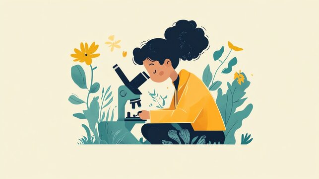 Young girl examining plants with a microscope surrounded by flowers and greenery.