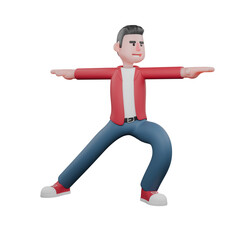 3D Cartoon Vocalist Character. A male singer does a Warrior 2 pose, with legs spread wide and arms straight parallel. Male Singer