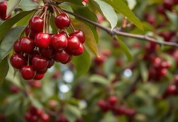 Ripe Red Cherries Hanging from Branch in Orchard