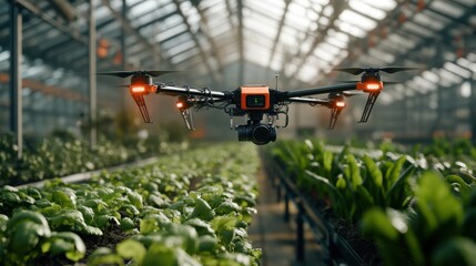 Automated robotic farming drones monitoring crop health in vast greenhouses, High-tech style, photo of