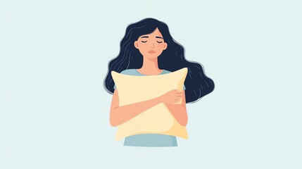 Fototapeta premium Young woman holding a pillow, expressing calmness and comfort.