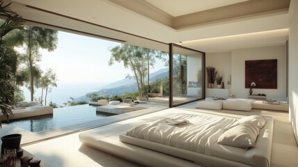 Fototapeta premium Minimalist Bedroom with Ocean View and Infinity Pool