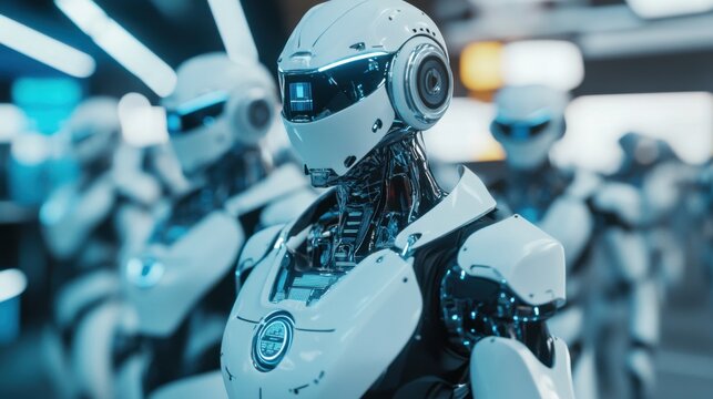 Automated robotic greeters welcoming visitors to a futuristic expo, Modern industrial style, photo of