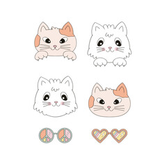 Cute cat portrait vector clip-art set isolated on white. Cat vibes illustration