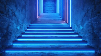Dark cement wall hallway with neon blue lighting 3d rendering background.