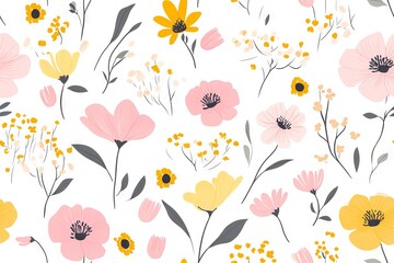 Fototapeta premium Charming floral pattern featuring small pink and yellow flowers on a white background, seamless vector texture for elegant fashion prints