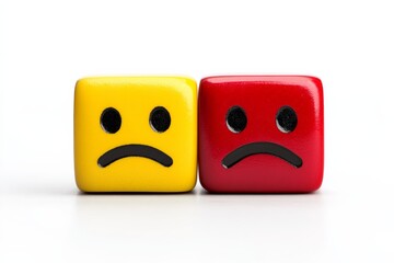 Two yellow and black sad faces on a wooden surface. The faces are made of a soft material and are placed close to each other. face on left side and an unhappy face on the right side, white background