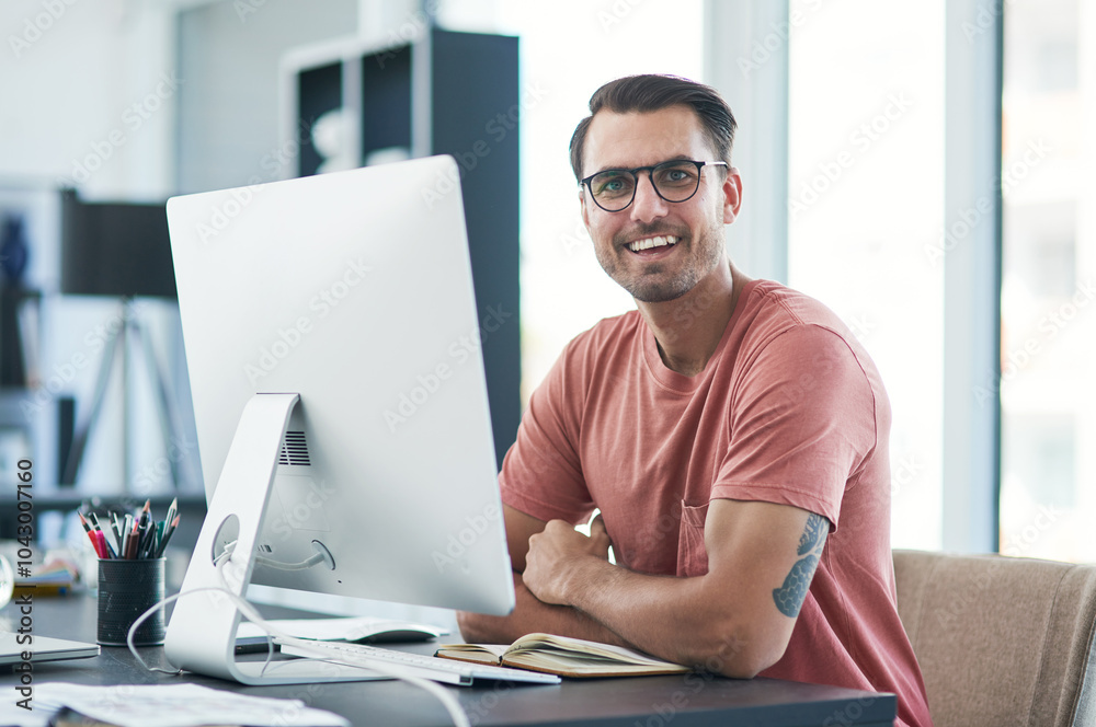 Poster computer, office and portrait of business man for online project, web design and research. creative 