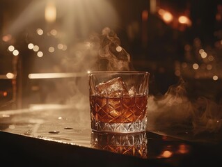 Smoky old fashioned in moody jazz club lighting
