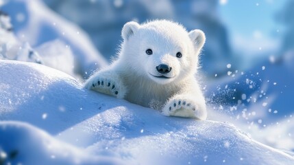 Kawaii polar bear cub sliding down icy slope