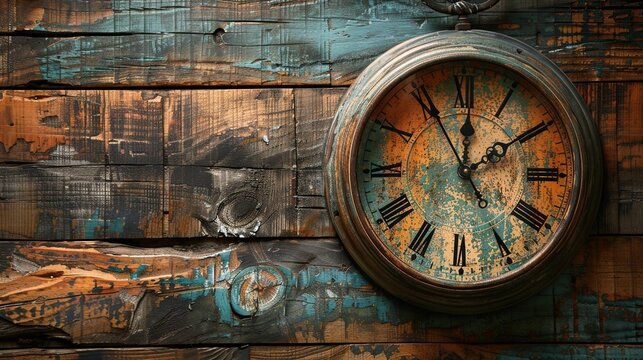 A retro classic wooden wall clock attached to an old wooden wall. 3d rendering background with copy space. - Powered by Adobe
