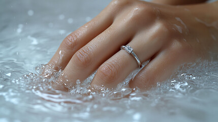 Fototapeta premium A close-up of a woman’s hand, adorned with a diamond ring, gracefully emerging from sparkling water. Droplets glisten on her smooth, wet skin