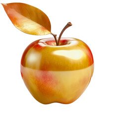A fresh red apple, showcasing its juicy and delicious appearance with a gold leaf and stem