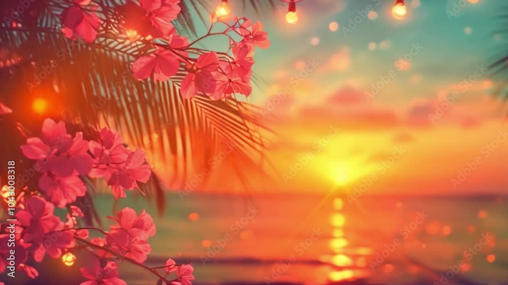 Poster sun setting over a beach with colorful flowers and twinkling lights scattered around.